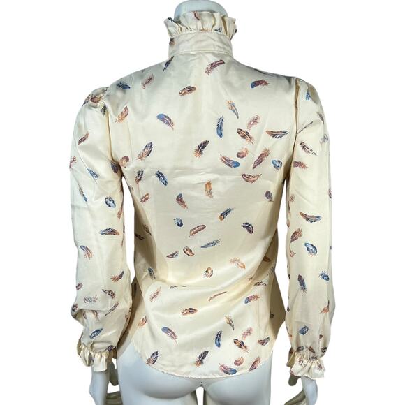 Vintage 90s Cream Feather Print Ruffle Victorian Style Blouse Size Small - Picture 4 of 8